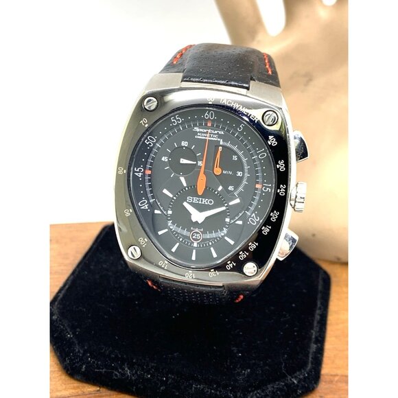 Seiko Sportura Men's Watch 7L22-0AD0 Kinetic Chronograph Black Orange Leather - Picture 1 of 15